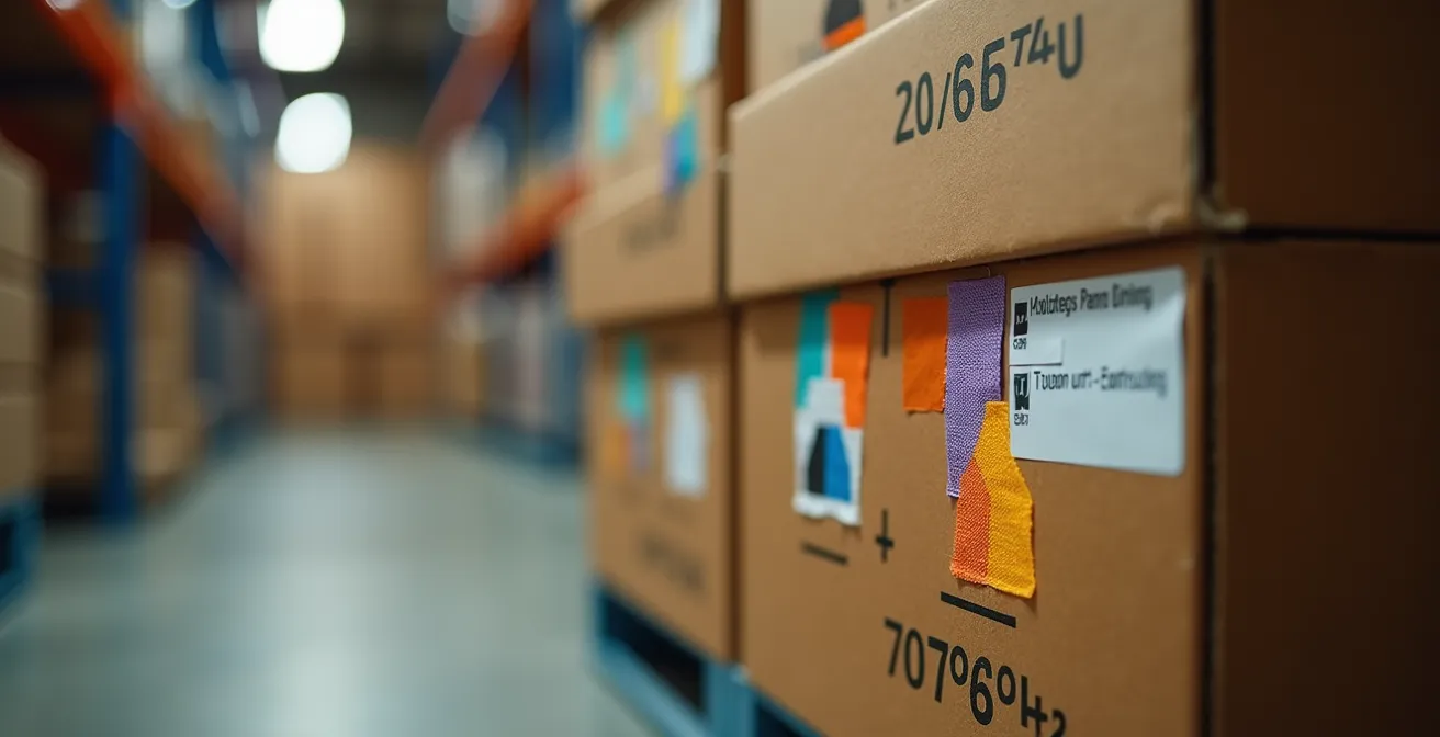 Vue macro de cartons étiquetés et organisés méthodiquement dans un espace de stockage