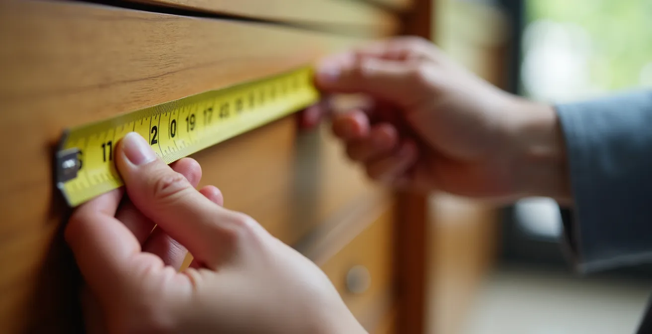 Mains mesurant un meuble avec un mètre ruban pour calculer le volume de stockage