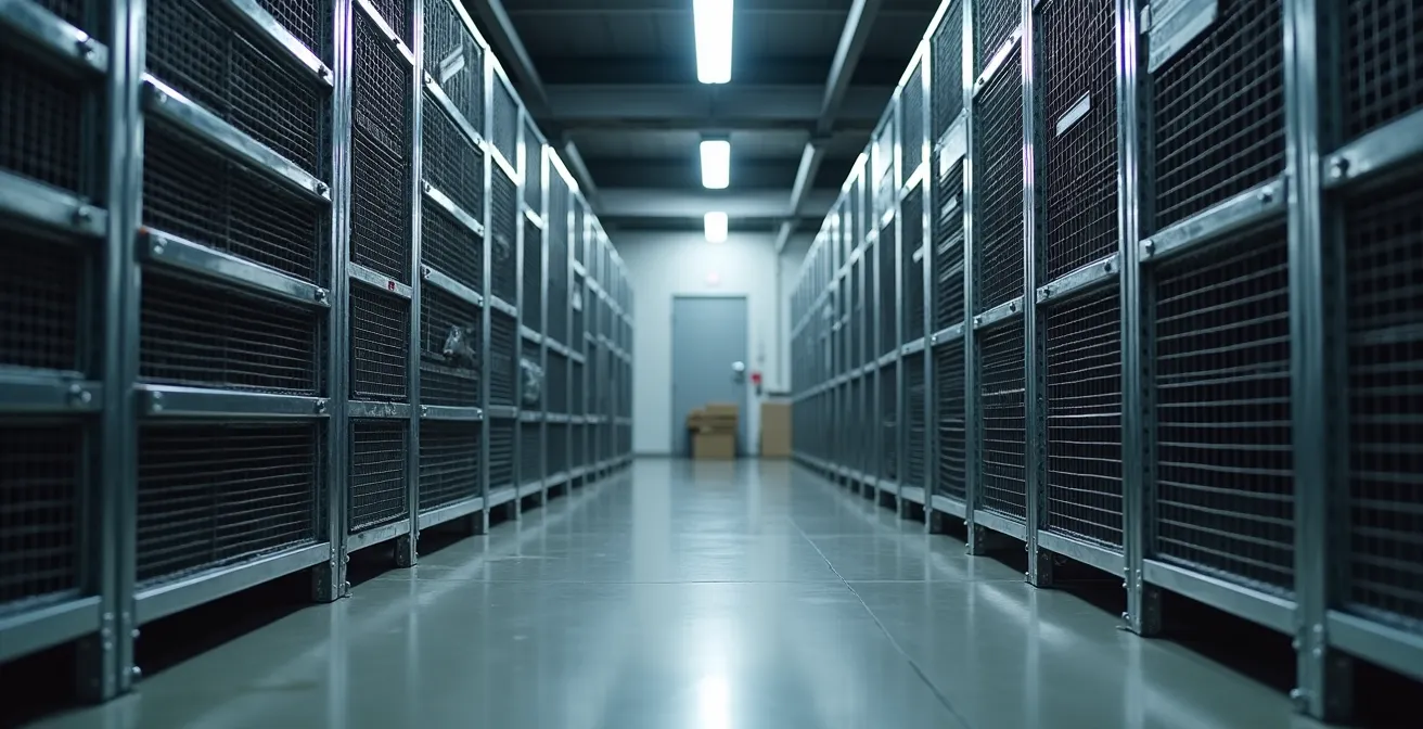 Intérieur d'un box de stockage organisé avec allée centrale et étagères métalliques