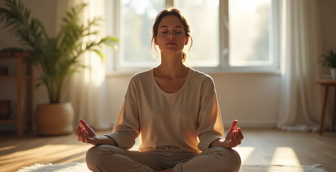 Personne en position de méditation dans un intérieur minimaliste et lumineux