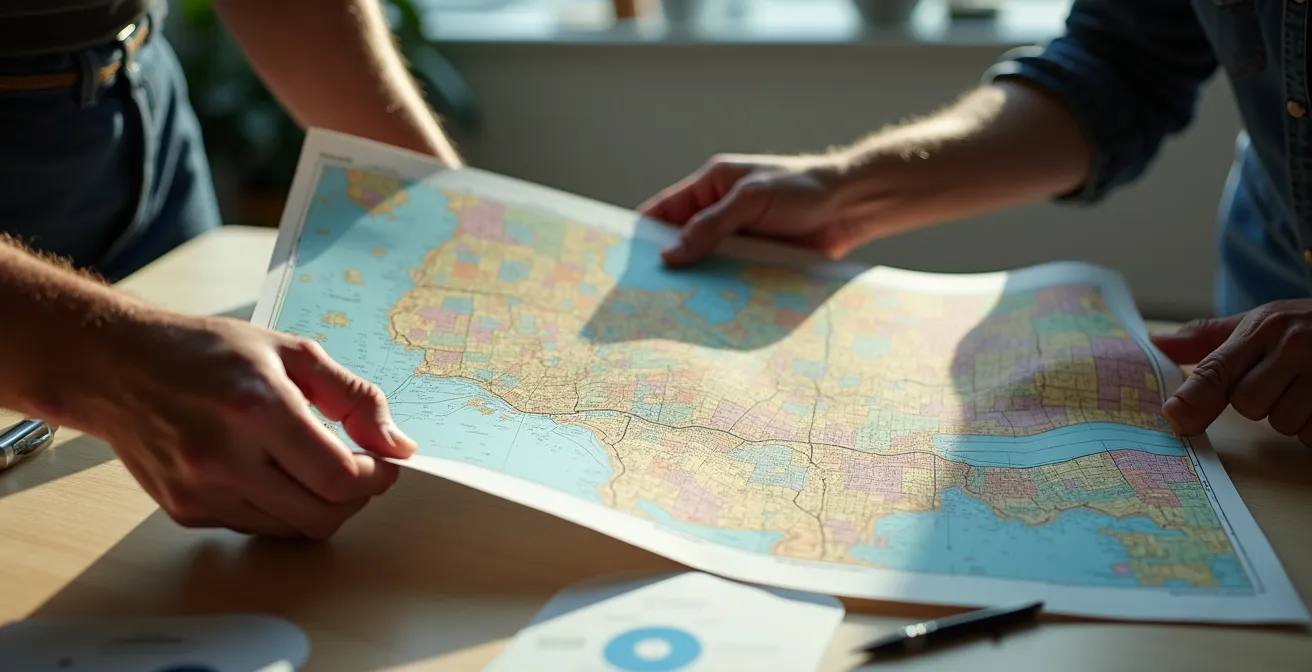 Carte schématique colorée du zonage urbain de Montélimar avec zones autorisées pour conteneurs