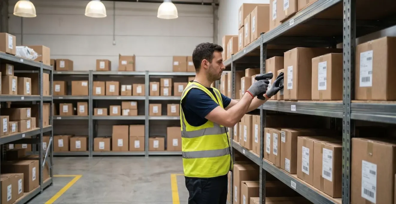Employé scannant des étiquettes sur des étagères dans un entrepôt propre avec un système de rangement clairement identifié