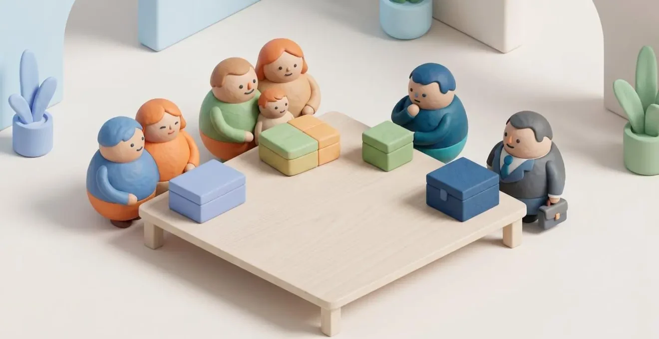 Quatre personnages autour d'une table isométrique avec des boîtes colorées.