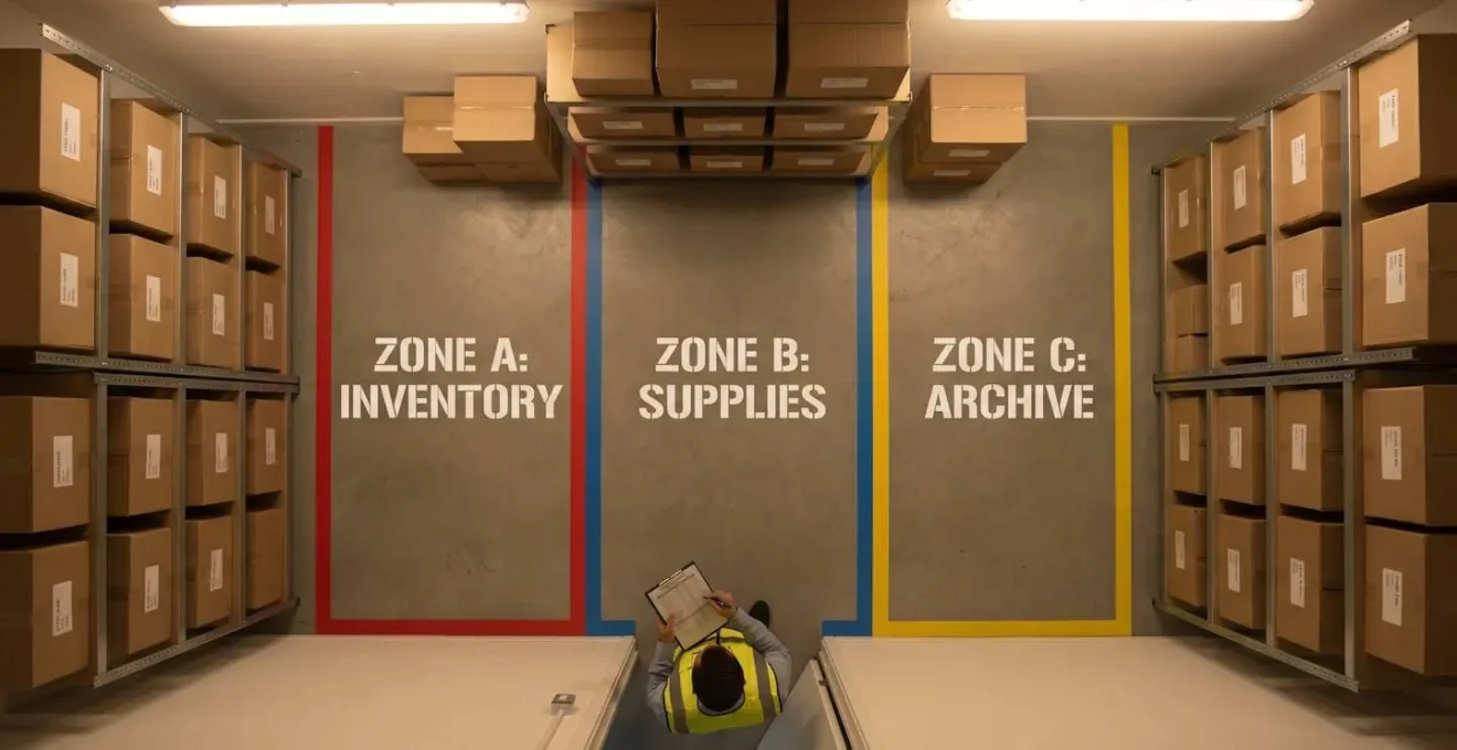 Schéma d'un espace de stockage divisé en trois zones distinctes avec des étagères étiquetées par fréquence d'utilisation